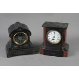 Two Victorian black slate mantel clocks, cases inset marble and malachite panels