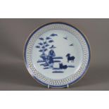 A Chinese blue and white dish with pierced edge long Liza and goat decoration, 11" dia