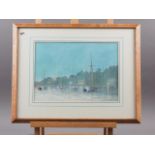 SL: watercolours, harbour scene at night, 8 1/2" x 11 3/4", in wash line mount and oak strip frame