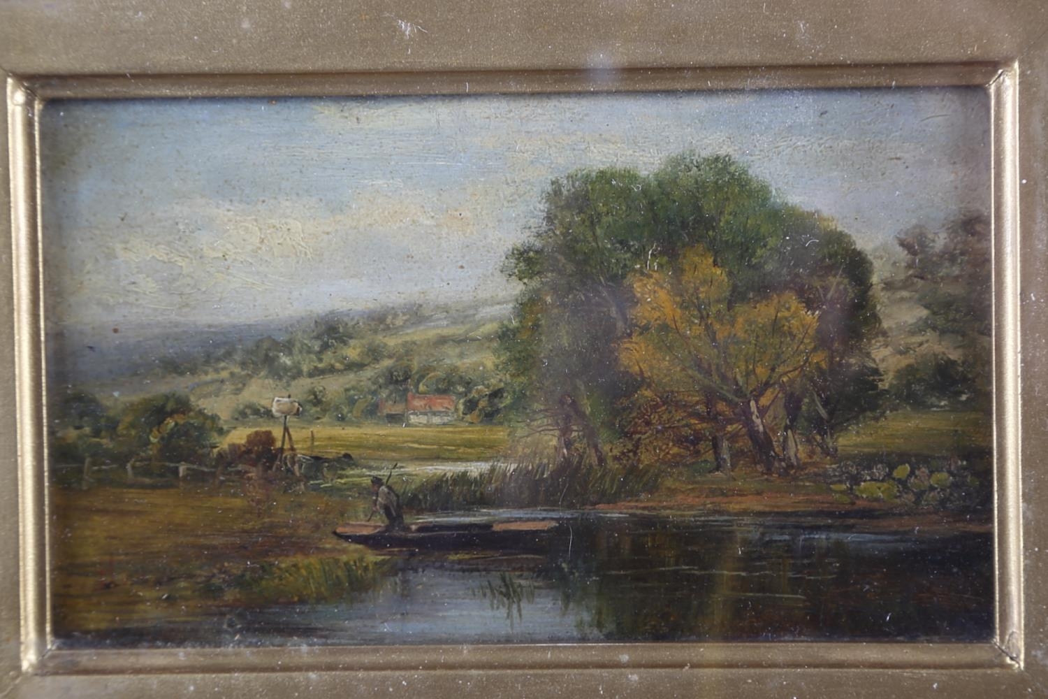 English mid 19th century: oil on board, rural landscape with punt and distant building, 4 1/4" x 7 - Bild 2 aus 2