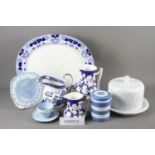 An assortment of blue and white ceramics, Cornish ware, a white Stilton cheese dish (base chipped)