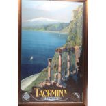 After M Borgoni: an Italian railways advertising poster, "Taormina", in strip frame