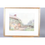 Benjamin D Sigmund: watercolours, child outside a thatched cottage, 10" x 14", in gilt strip frame