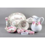 A pink decorated part toilet set, meat dishes and assorted decorative china