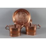Two copper hot water jugs and a Johnnie Walker advertising embossed copper tray, 13" dia