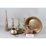 A copper foghorn, a Salter's pocket balance, brass candlesticks, a washing dolly and other metalware