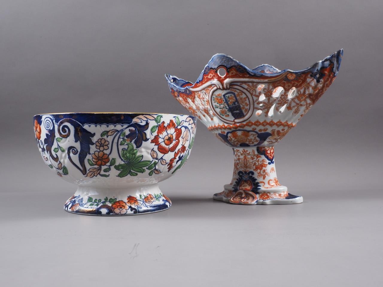 A 19th century Minton "Amherst Japan" pattern bowl, 9 1/2" dia, and an Imari openwork stand, 9 high,