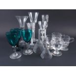 Five air twist stem glasses, various, three green coloured glasses, a set of four custard cups and