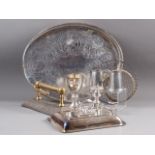A silver plated chamberstick, an entree dish  cover, a plated goblet, an oval tray, 18" wide, and