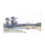 WSH: watercolours, landscape with twin church towers, 7 1/" x 13", unframed