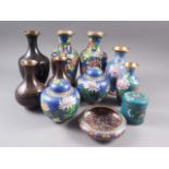 A pair of Chinese cloisonne baluster vases, decorated chrysanthemums and other flowers, 9" high, a