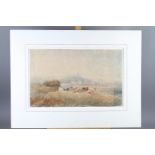 David Cox, 1840: watercolour sketch, landscape with distant town and hilltop castle, mounted