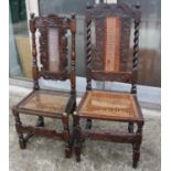 A James II style carved oak side chair with caned back panel and seat, on turned and stretchered