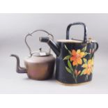 A bargeware watering can with floral lacquered decoration and a copper kettle