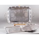 A Mappin & Webb silver plated shaped tray, 16" dia, a two-handled plated tray and one other tray