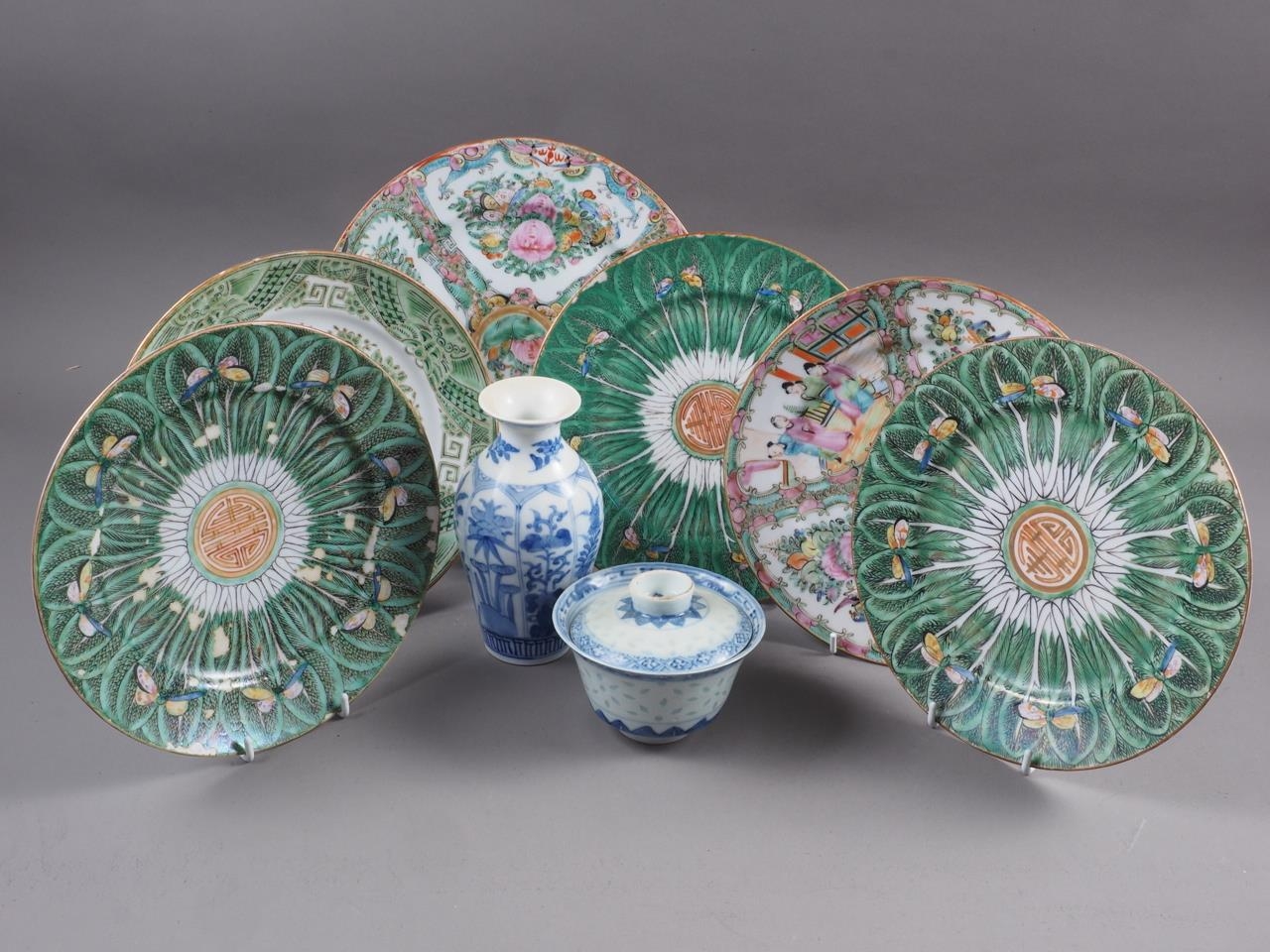 Three Chinese famille verte plates with leaf and butterfly decoration, 8 3/4" high, another