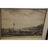 A French print, Le Cafe Du Jardin D'Ete, in strip frame, and a Russian print, figures on a bridge,