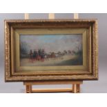 M H Randolph, 1886: oil on board, coaching scene with hunt, 6 1/2" x 13", in gilt frame