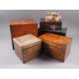 A mahogany tea caddy, 9" wide, another similar, a jewellery box with painted flower decoration,