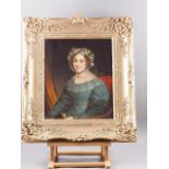 English early Victorian oil on panel, portrait of an unknown woman, 16" x 13 1/2", in gilt frame