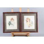 S W Allen: watercolours, 1930s women with dogs, 9 3/4" x 6 3/4", in polished as mahogany frames