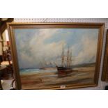 P Phillips: acrylic on board, two ship wrecked sailing ships, "A Lee Shore", 17" x 23", in gilt