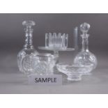 Four clear glass decanters, two mugs, vases, bowls and other items