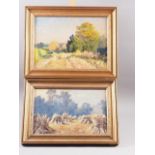 D C S Meacham: a pair of early 20th century oils on board, harvest scenes, 9 1/2" x 13", in gilt