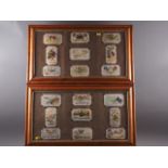 A collection of eighteen WWI silk embroidered post cards, in two maple frames, and two colour