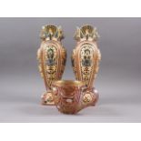 A pair of Zsolnay vases with reticulated decoration, 11 1/2" high, and an overlaid and gilded mug (