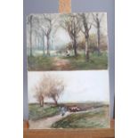 A pair of 19th century watercolour sketches, landscapes with figures and livestock, 5" x 7",