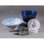 A Bristol blue glass pedestal bowl, 9 3/4" dia x 9 1/4" high, blue and white wash bowl (restored),