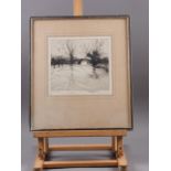 W Nevison: dry point etching, river scene with bridge, in wooden strip frame