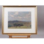 English early 20th century oil on canvas, landscape with cattle, 9 1/4" x 12 1/2", in gilt frame