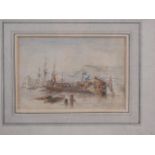 H F Oakes: watercolours, "King Charles arrival at Dover", 4 1/2" x 6 3/4", in wash line mount and