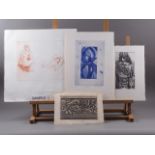 A folio of 18th century scroll engravings and three signed limited edition prints, unmounted