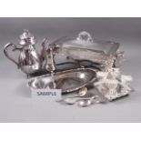 Four silver plated hot dish stands, two lids, a liner, a Danish plated coffee pot and sugar, and