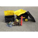 Two Stanley plastic tool chests and a quantity of hand tools