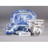 A Spode "Italian" pattern blue and white platter, 14" wide, two similar jugs, an Aynsley "Cottage