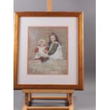 William Gilbert Foster: oil on paper/card, two children on a wall, 11" x 9", in gilt frame