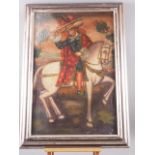 Spanish/Mexican oil on canvas, man on horseback, 29" x 18 1/2", in silvered frame