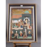 A pair of Indian watercolours on silk, figures dancing and figures in a building, 23 1/2" x 15 1/2",