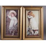 A pair of colour prints, children with dogs, in gilt frames, a similar pair, still lives, and