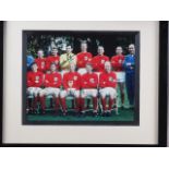 A 1966 England World Cup team part signed photograph, Ray Wilson, Gordon Banks, George Cohen and