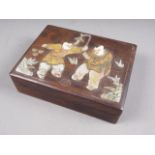 A Japanese hardwood four section box with inset mother-of-pearl and wooden figure decoration. 6 1/2"