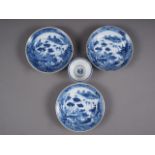 Three Chinese blue and white dishes with landscape decoration, 6 1/4" dia (damages), and a Chinese