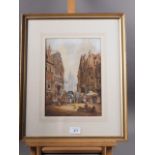 A H: watercolours, town scene with figures, 11" x 8", in gilt strip frame