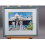 A colour sketch, three figures and a ship, 8 1/2" x 11", in strip frame, and three abstracts, in