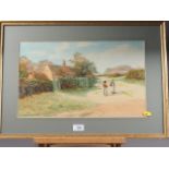 George Oyston: watercolours, figures by a building, 10 1/2" x 17 1/2", in gilt strip frame