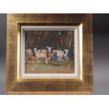 Richard Pikesley: oil on canvas laid on board, Jacob sheep, 6 1/2" x 7 1/2", in gilt frame